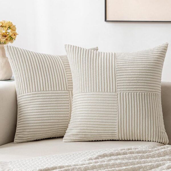 Beige Patchwork Corduroy Pillowcase 18x18 Textured Decorative 2-Pack