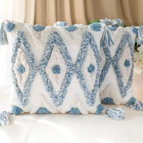 Blue Tassel Cotton Pillowcase 18x18 Decorative Cushion 2-Pack