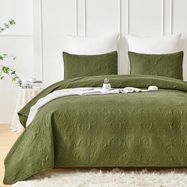 Olive Green Floral Bedspread Set - Lightweight for All Seasons