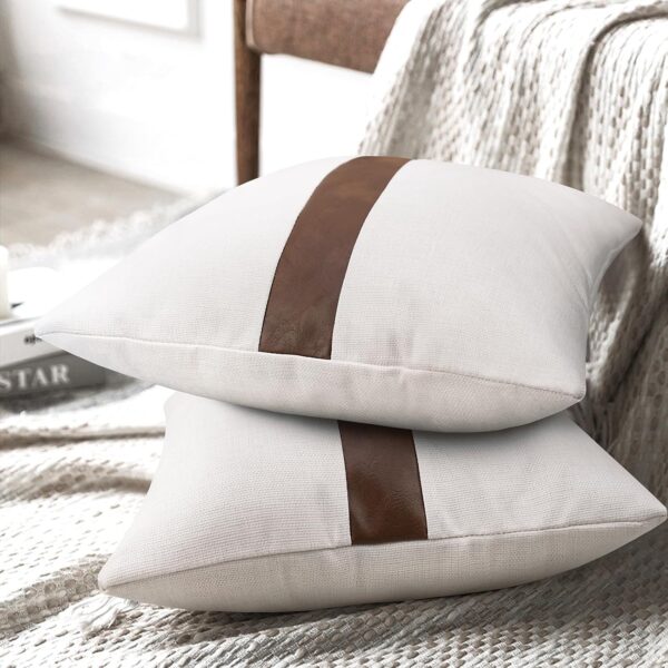 Patchwork Linen Faux Leather Pillowcase 16x16 inch, Modern Decorative Cushion Cover (2-Piece Set)