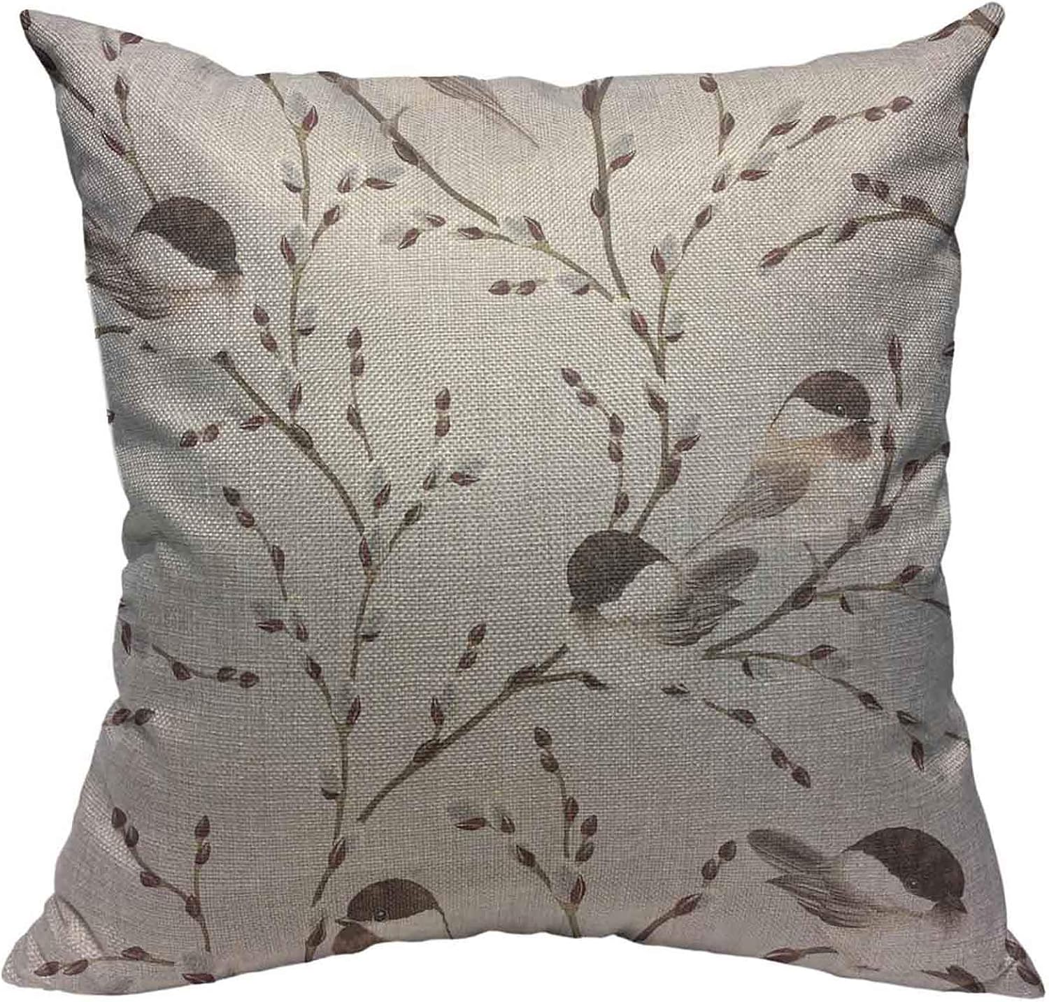 Bird and Leaf Pattern Cotton Linen Pillowcase 18x18 inch, Vintage Decorative Style